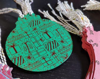 Christmas Ornament Green and Red Foil Gift Tags Set of 9