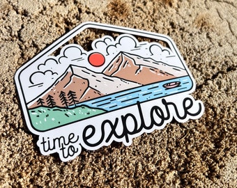 Explore Camping Outdoors Line Art Mountain Adventure Scene Sticker