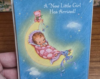 Vintage Baby Girl Announcements Retro 70s Moon Stork