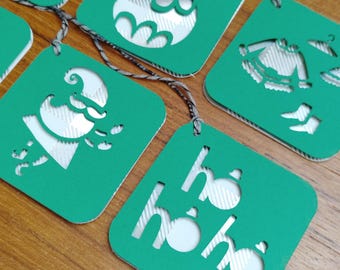 Christmas Silver Plaid and Green Foil Classic Square 3D Gift Tags Set of 6