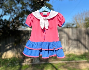 Vintage 80s Colorblock Sprockets Girls Sailor Dress Sz 2t