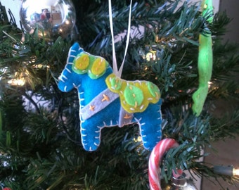 Kitchmas Dala Horse Sweden Christmas Ornament Feltie Plush Blue Teal
