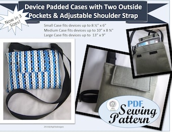 NEW Pdf Sewing Pattern: Device Padded Cases in 3 Sizes with Two Outside Pockets and Shoulder or Crossbody Strap. Instant Download