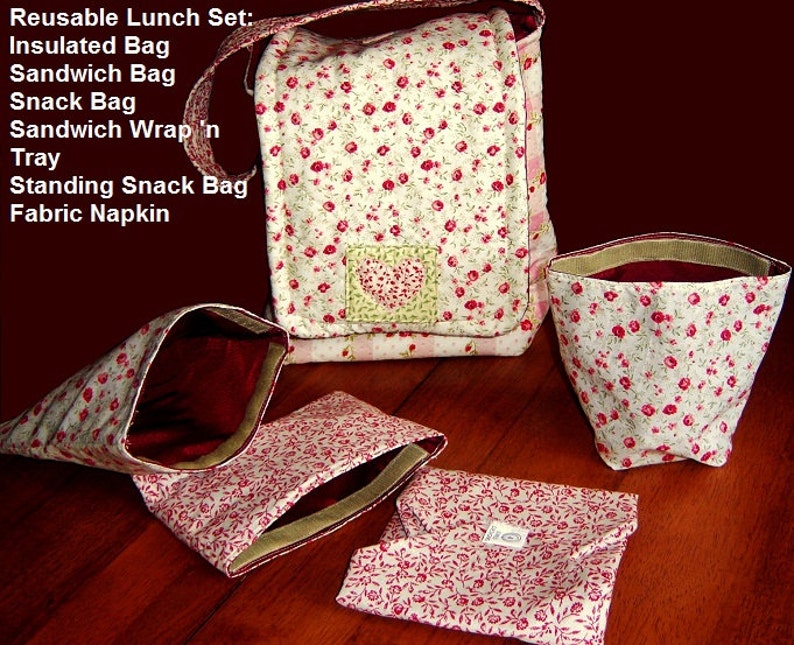 2019 Eco Friendly Picnic Lunch Set PDF Sewing Pattern. Instant Download. Lunch Bag. Sandwich Bag, Snack Bag. Fabric Napkin. Sandwich Wrap image 1