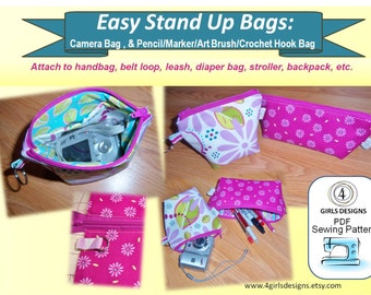 Easy Stand Up Bags: Cord Case, Camera Case and Pencil/Art/Crochet Case 4girlsdesigns INSTANT DOWNLOAD PDF Sewing Pattern