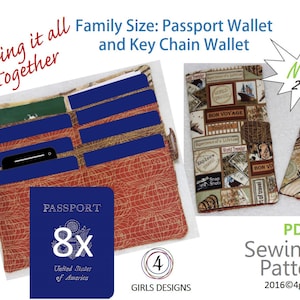 May include: A sewing pattern for a family-sized passport wallet and key chain wallet. The pattern includes a passport holder, credit card slots, and a key chain. The pattern is available as a PDF download. The image shows a red and gold fabric with a passport holder and credit card slots. The key chain wallet is made of a brown fabric with a travel theme.