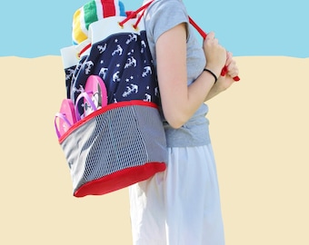 Make It Yourself Beach Bag with Multiple Inside and Outside Pockets, Drawstring Strap, Reversible, Instant Download PDF Sewing Pattern