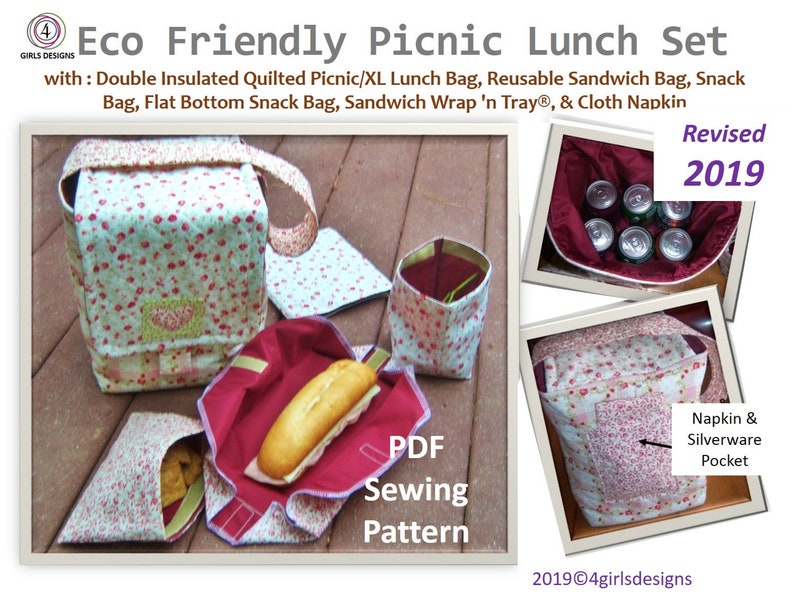2019 Eco Friendly Picnic Lunch Set PDF Sewing Pattern. Instant Download. Lunch Bag. Sandwich Bag, Snack Bag. Fabric Napkin. Sandwich Wrap image 5