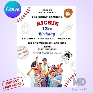 May include: Baseball-themed birthday invitation featuring the text "Richie 12th Birthday". The design includes baseballs, a glove, a bat, and a cartoon image of a baseball player. The invitation also includes the date, time, and location of the party.