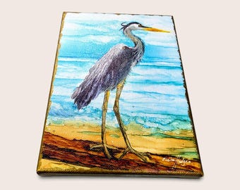 Blue Heron on Beach 5x7 Canvas Print made from Original Art, Embellished with Gold Metallic