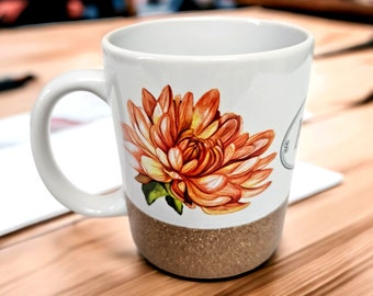 White Ceramic Mother's Day Mug with Chrysanthemum from Original Art, Glitter Gold Accent