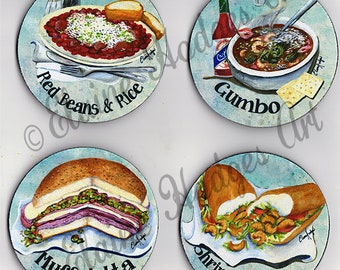 New Orleans, Louisiana Famous Cuisine Food Coaster Set, Gumbo, Red Beans, Shrimp Po Boy Muffaletta Coasters