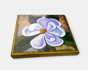 Louisiana Magnolia Flower 6" Canvas Print made from Original Art, Hand Embellished with Gold Metallic