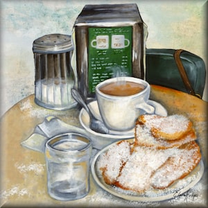 May include: A painting of a cafe table setting with a cup of coffee, a glass of water, a sugar dispenser, a bag of coffee, and a plate of beignets covered in powdered sugar.