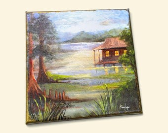 Foggy Bayou 6" Canvas Print made from Original Art, Hand Embellished with Metallic Gold