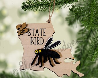 Louisiana Mosquito State Bird Wooden Ornament, Two Layers, Fleur de Lis, Hand Made