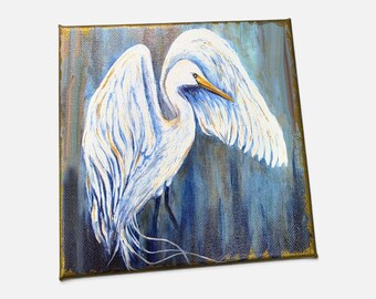 White Egret on Blue 6 inch Canvas Print made from Original Art, Hand Embellished with Metallic Gold