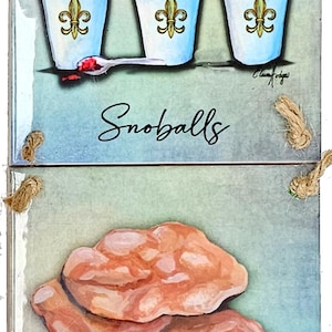 May include: A vertical image featuring four panels with watercolor illustrations of New Orleans treats. The panels display beignets, snowballs, pralines, and a king cake. Each panel has the name of the treat written below.