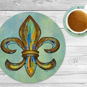 Round Hot Pad or Mouse Pad made with Original Artwork, Colorful Fleur de Lis