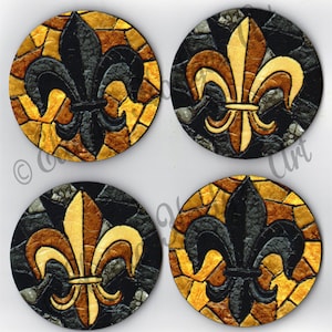 May include: Set of four round coasters featuring a black fleur-de-lis design on a gold and brown mosaic background.