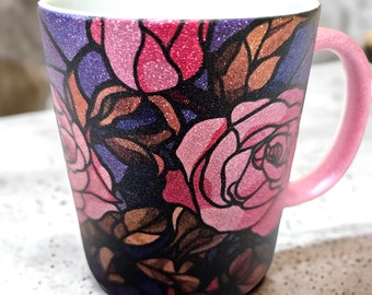 Glittery Stained Glass Look Roses Coffee/Tea Mug, Pink Glitter