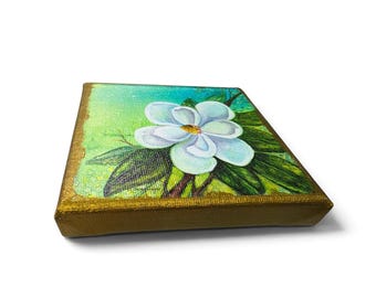 Southern Magnolia 6" Canvas Print made from Original Alcohol Ink Painting, Hand Embellished with Metallic Gold