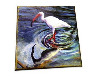 Ibis on Water 6 inch Canvas Print made from Original Art, Hand Embellished with Metallic Gold