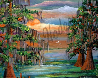 May include: A painting of a swamp scene with two cypress trees with Spanish moss hanging from their branches. The trees are in the foreground of the painting, and there is a body of water in the background. The sky is a mix of purple, blue, and orange.