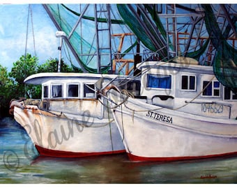 Bayou Boats Art Print from Original Artwork, Shrimp Boat, Fishing Boat, Nets Boat Trawling Boat