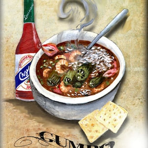 May include: A painting of a bowl of gumbo with a spoon, a bottle of hot sauce, and two crackers. The gumbo is a dark brown color and contains shrimp, okra, and rice. The bowl is white and has a brown rim. The bottle of hot sauce is red and has a white label with the words "Louisiana Hot Sauce" on it. The crackers are white and have a brown rim.