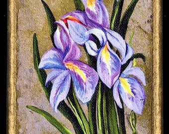 Louisiana Blue Iris 5x7 Canvas Print made from Original Art - Hand Embellished with Metallic Gold
