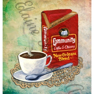 May include: A red and white coffee bag with the text "Community Coffee & Chicory New Orleans Blend" and a steaming cup of coffee on a lace doily.