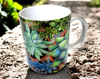 Silver Ceramic Mug with Succulents made from Original Artwork