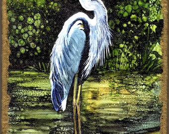 Blue Heron on Bayou Print on Canvas made from Original Art, Hand Embellished with Metallic Gold