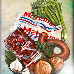 May include: A still life painting of ingredients for a meal. The ingredients include a bag of red kidney beans, a bag of long grain enriched rice, a bunch of celery, a sausage, two onions, and two cloves of garlic.