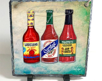 Three Louisiana Hot Sauce Bottles Slate made with Original Art