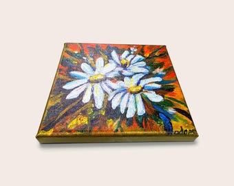 Daisies on Orange 6" Canvas Print made from Original Art, Hand Embellished with Metallic Gold