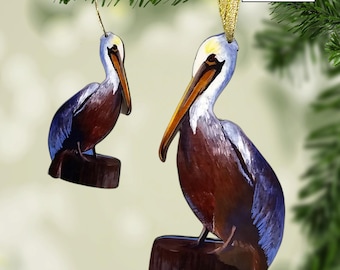 Louisiana Brown Pelican Ornament made from Original Art, Double Sided