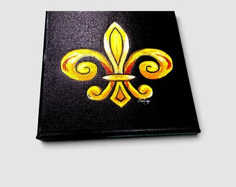 Yellow Gold Fleur de Lis on Black 6" Canvas Print made from Original Art