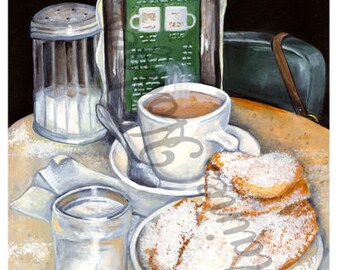 Minimalist Art Print New Orleans Art Kitchen Wall Art Original Colored Pencil Art of Coffee and Beignets Fine Art Print