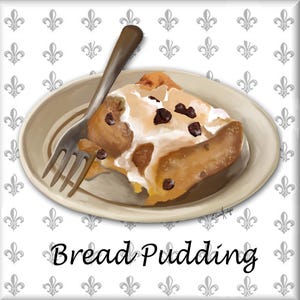 May include: A close-up of a plate of bread pudding with raisins and a white glaze. The pudding is on a white plate with a fork and a brown background.