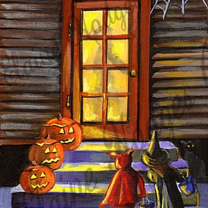 May include: Two children dressed in Halloween costumes, a devil and a witch, stand on a porch with pumpkins and a spiderweb. The door is open and a light shines from inside.