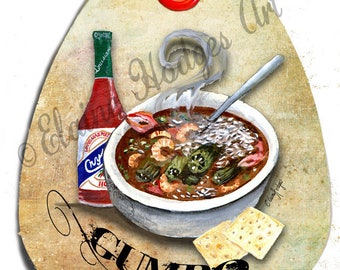 Glass Cutting Board, Teardrop Shape,Gumbo, New Orleans, Louisiana Cuisine
