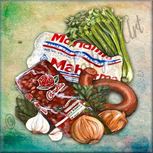 May include: A painting of ingredients for a red beans and rice dish. The ingredients include a bag of red kidney beans, a bag of long grain enriched rice, a sausage, a bunch of celery, two onions, and two cloves of garlic.