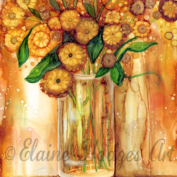 Summer Flowers in Vase Print from Original Art work, Alcohol Ink