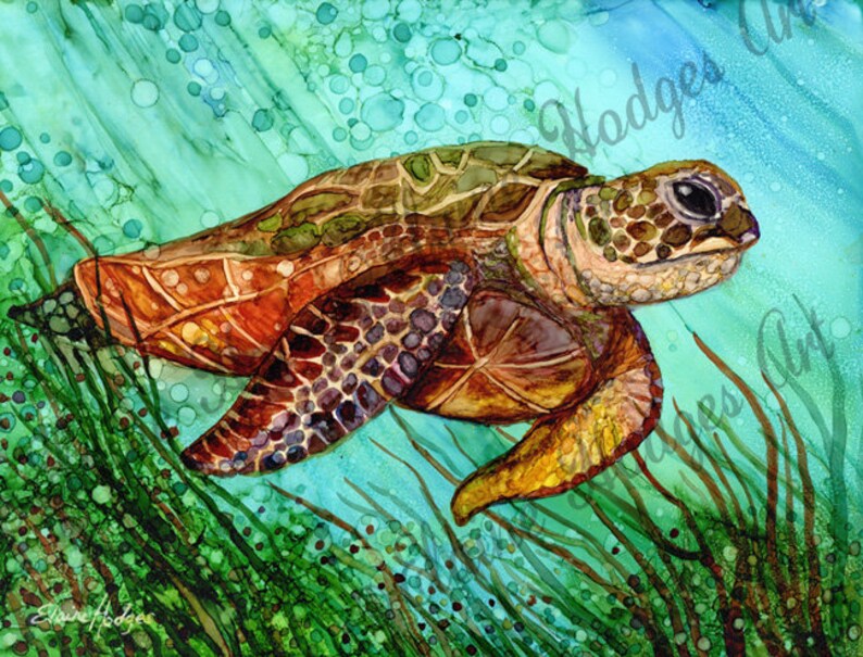 Sea Turtle Original Alcohol Ink Painting on Yupo, Matted to 12x18, Sealife, Marine  Animal Painting .br