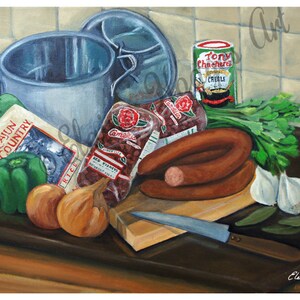 May include: A still life painting of ingredients for a Cajun dish. The ingredients include a green bell pepper, two onions, a package of red kidney beans, a package of Camellia brand rice, a sausage, a can of Tony Chachere's Creole seasoning, a bunch of green herbs, two cloves of garlic, and two bay leaves. The ingredients are arranged on a wooden cutting board with a knife.