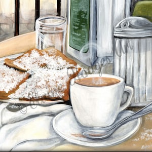 May include: A painting of a white coffee cup with a brown liquid and steam rising from it. The cup is on a white saucer with a silver spoon. There are three beignets dusted with powdered sugar on a white napkin in the background.