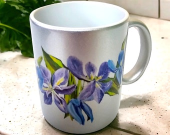 Irises on Silver Ceramic Mug made from Original Artwork