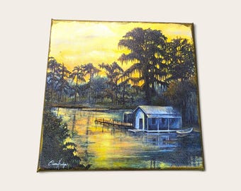 Louisiana Bayou Sunset 6 inch Canvas Print made from Original Art with Hand Embellished Metallic Gold
